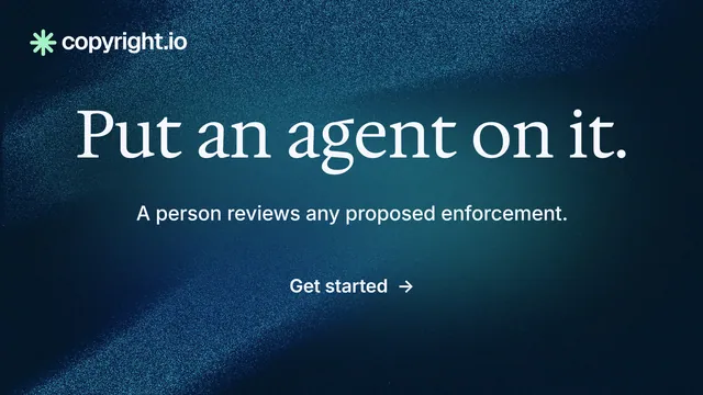 Landscape graphic for copyright.io: "Put an agent on it." Minimal luxury style, centred layout, dark palette in black, blue.