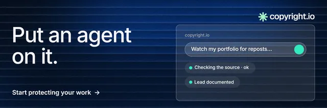 X header for copyright.io: "Put an agent on it." Minimal luxury style, bottom layout, dark palette in blue, black.