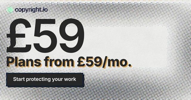 Social ad for copyright.io: "Protect your work." Brutalist style, stat layout, light palette in grey, white.