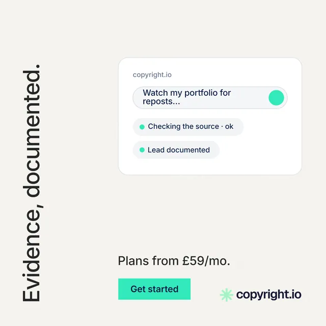 Instagram post for copyright.io: "Evidence, documented." Swiss style, vertical layout, light palette in white, teal.