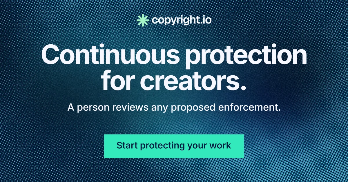 Social ad for copyright.io: "Continuous protection for creators." Swiss style, centred layout, dark palette in blue, teal.