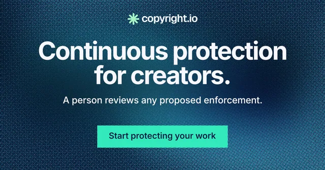 Social ad for copyright.io: "Continuous protection for creators." Swiss style, centred layout, dark palette in blue, teal.