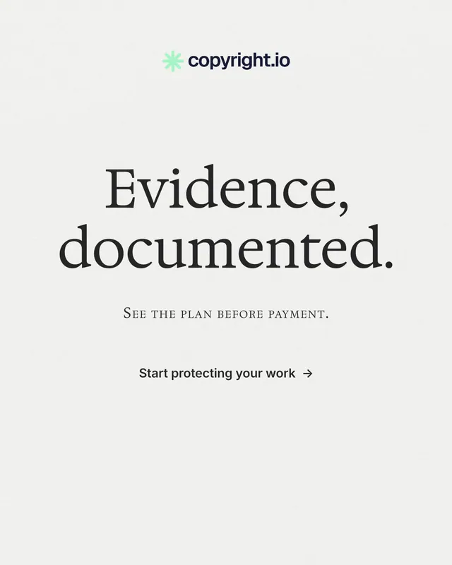 Instagram portrait post for copyright.io: "Evidence, documented." Minimal luxury style, smallcaps layout, light palette in white, grey.