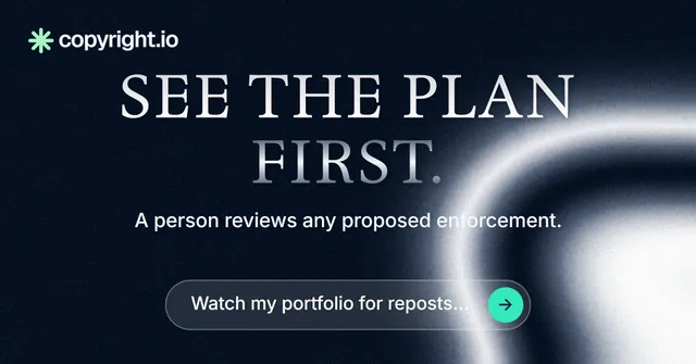 Social ad for copyright.io: "See the plan first." Agentic glass style, centred layout, dark palette in black, blue, grey.