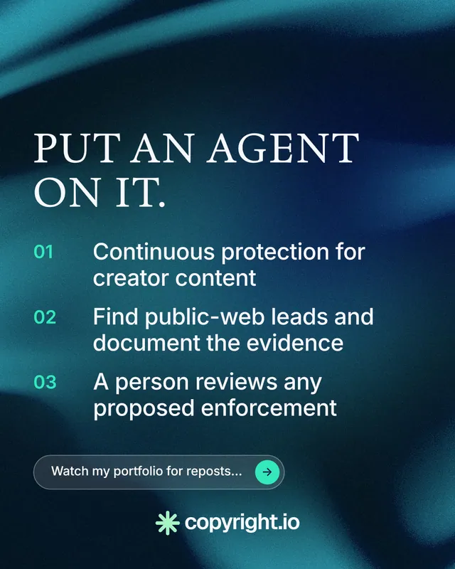 Instagram portrait post for copyright.io: "Put an agent on it." Agentic glass style, numbered layout, dark palette in blue, black, teal.