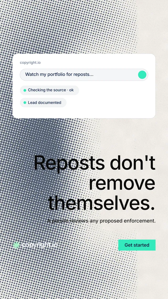 Instagram story for copyright.io: "Reposts don't remove themselves." Swiss style, right layout, light palette in grey, white.