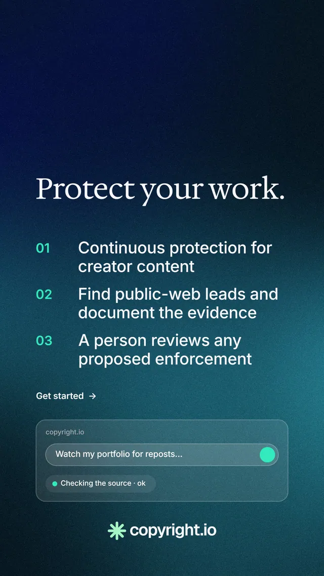 Instagram story for copyright.io: "Protect your work." Minimal luxury style, numbered layout, dark palette in blue, teal, black.