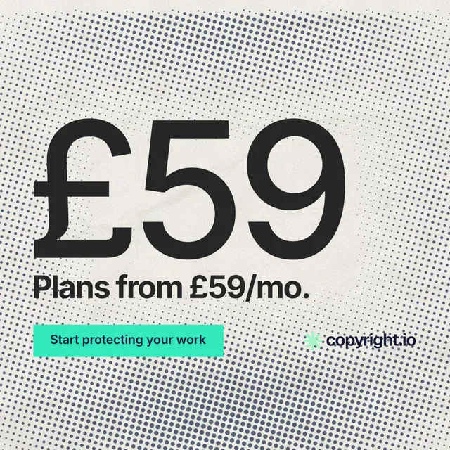Instagram post for copyright.io: "See the plan first." Swiss style, stat layout, light palette in grey, white, yellow.