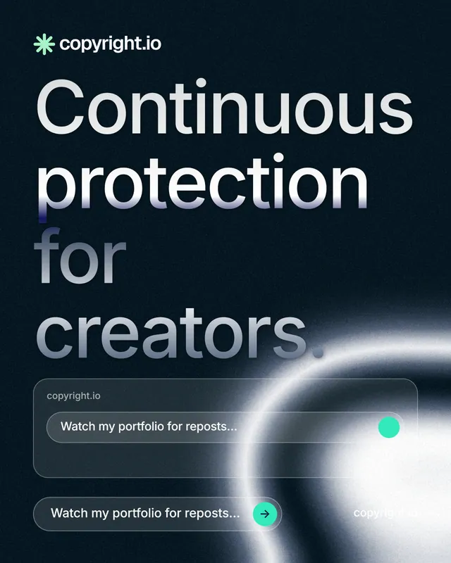 Instagram portrait post for copyright.io: "Continuous protection for creators." Agentic glass style, poster layout, dark palette in blue, black, grey.