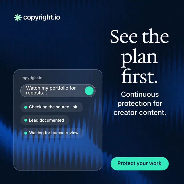 Instagram post for copyright.io: "See the plan first." Agentic glass style, skeleton layout, dark palette in black, blue.