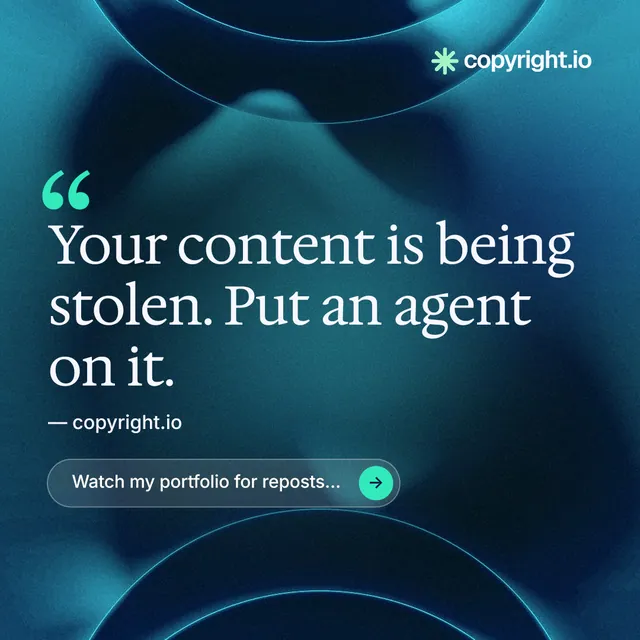 Instagram post for copyright.io: "Your content is being stolen." Agentic glass style, quote layout, dark palette in black, blue, teal.