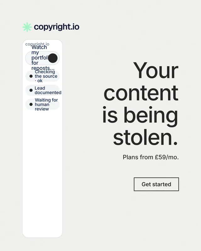 Instagram portrait post for copyright.io: "Your content is being stolen." Editorial style, right layout, light palette in white.