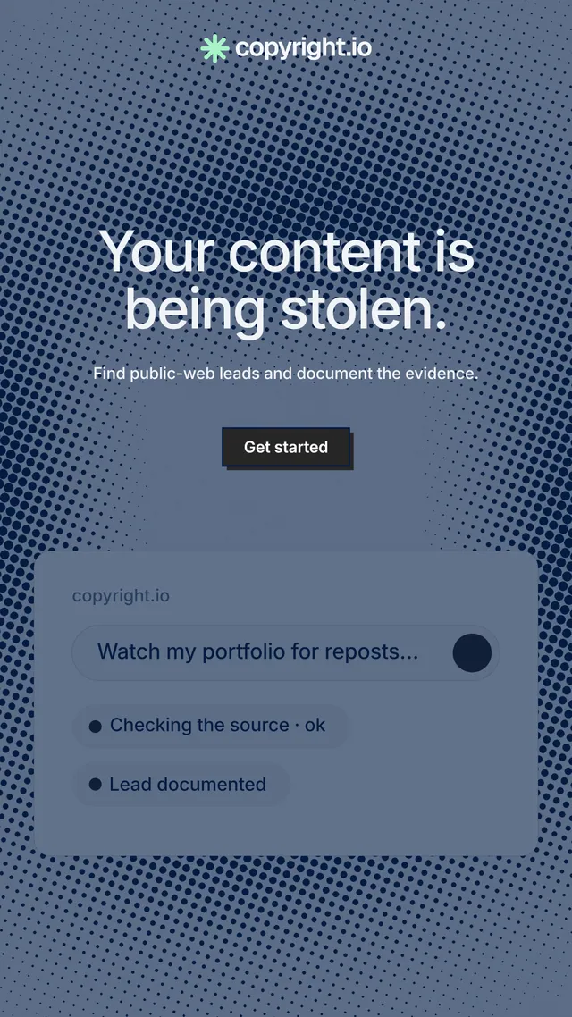 Instagram story for copyright.io: "Your content is being stolen." Brutalist style, centred layout, dark palette in blue, grey.