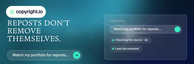 X header for copyright.io: "Reposts don't remove themselves." Agentic glass style, bottom layout, dark palette in blue, teal.