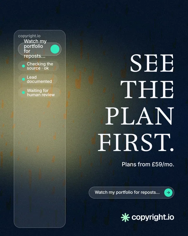 Instagram portrait post for copyright.io: "See the plan first." Agentic glass style, right layout, dark palette in black, grey.