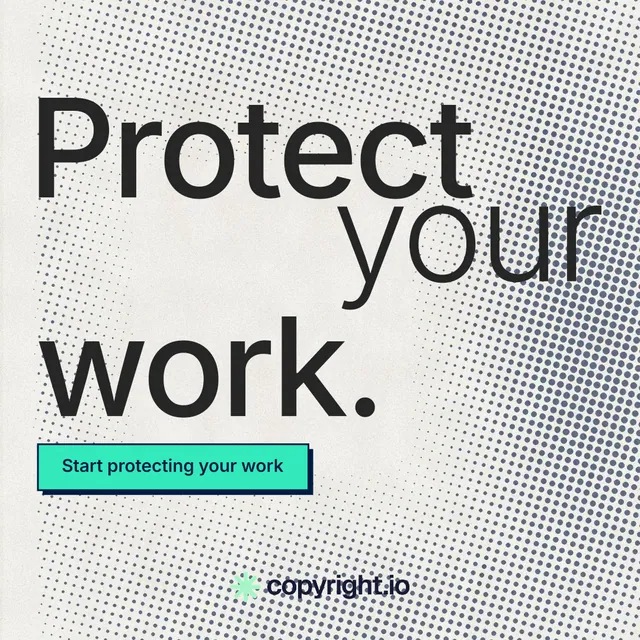 Instagram post for copyright.io: "Protect your work." Brutalist style, stacked layout, light palette in grey, white.