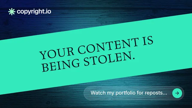 Landscape graphic for copyright.io: "Your content is being stolen." Agentic glass style, diagonal layout, light palette in teal, blue.