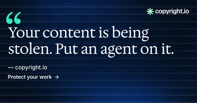 Social ad for copyright.io: "Your content is being stolen." Minimal luxury style, quote layout, dark palette in black, blue, grey.