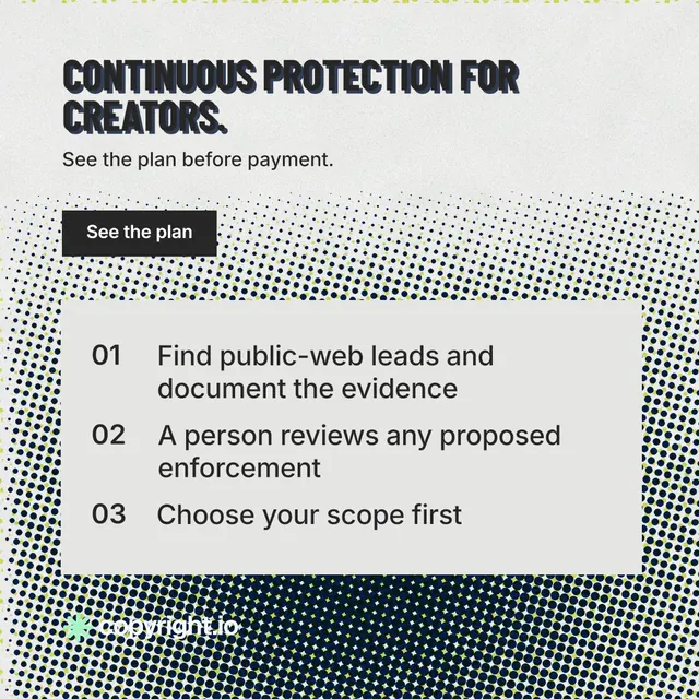 Instagram post for copyright.io: "Continuous protection for creators." Retro print style, skeleton layout, light palette in grey, white.