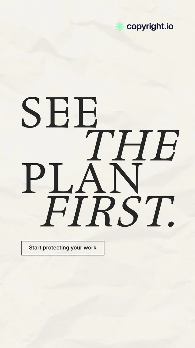 Instagram story for copyright.io: "See the plan first." Editorial style, stacked layout, light palette in white, grey.