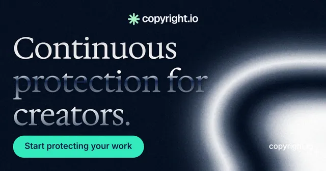 Social ad for copyright.io: "Continuous protection for creators." Y2K style, poster layout, dark palette in black, teal, blue.