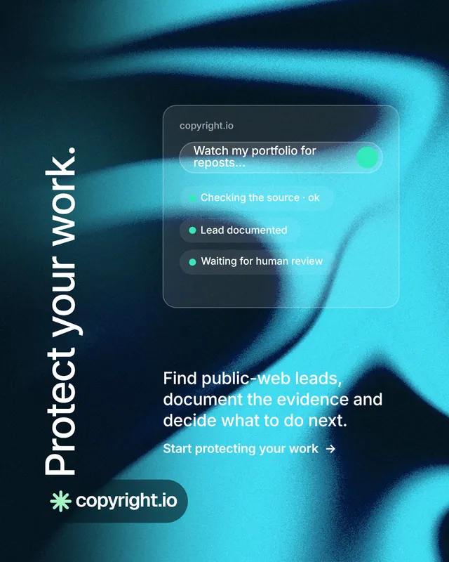 Instagram portrait post for copyright.io: "Protect your work." Minimal luxury style, vertical layout, dark palette in teal, black, blue.