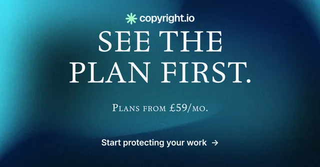 Social ad for copyright.io: "See the plan first." Agentic glass style, smallcaps layout, dark palette in blue, teal.