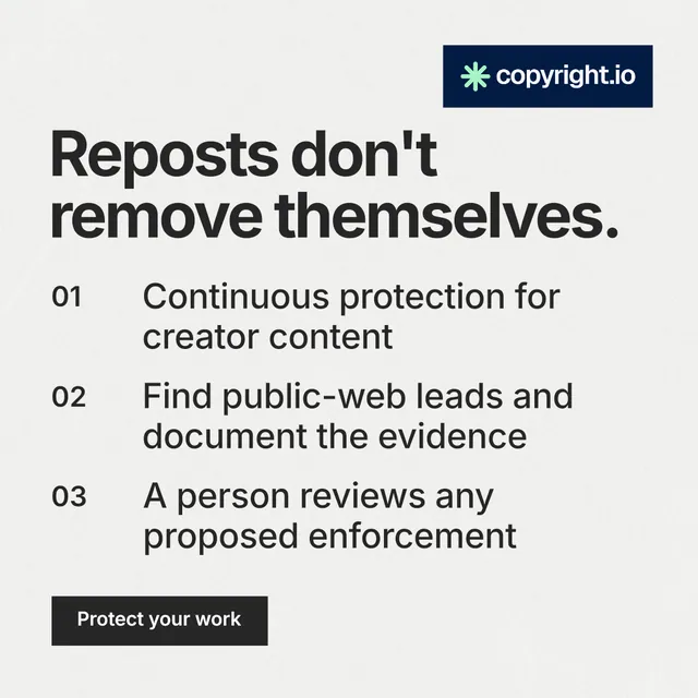 Instagram post for copyright.io: "Reposts don't remove themselves." Swiss style, numbered layout, light palette in white, grey.