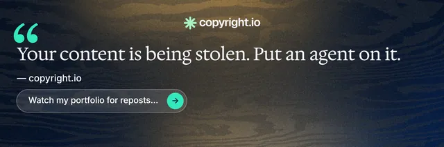 X header for copyright.io: "Put an agent on it." Agentic glass style, quote layout, dark palette in black, grey, blue.