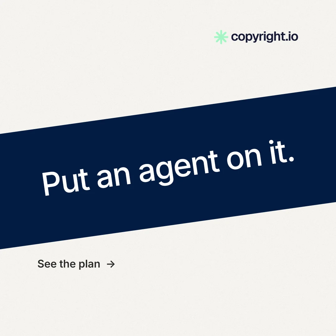 Instagram post for copyright.io: "Put an agent on it." Minimal luxury style, diagonal layout, light palette in white, blue.