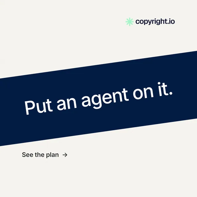 Instagram post for copyright.io: "Put an agent on it." Minimal luxury style, diagonal layout, light palette in white, blue.