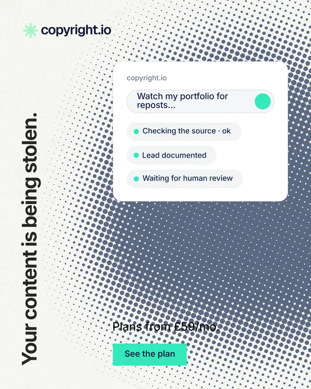 Instagram portrait post for copyright.io: "Your content is being stolen." Swiss style, vertical layout, light palette in white, grey.