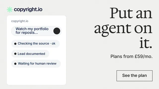 Landscape graphic for copyright.io: "Put an agent on it." Editorial style, right layout, light palette in white.
