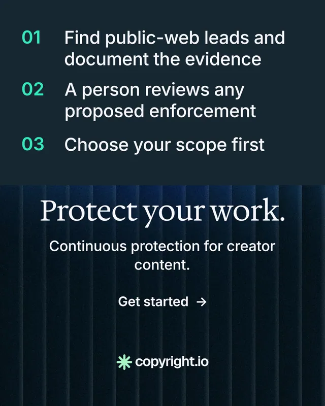 Instagram portrait post for copyright.io: "Protect your work." Minimal luxury style, skeleton layout, dark palette in blue, black, grey.