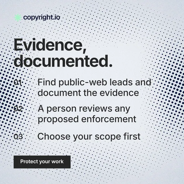 Instagram post for copyright.io: "Evidence, documented." Swiss style, numbered layout, light palette in blue, white, grey.