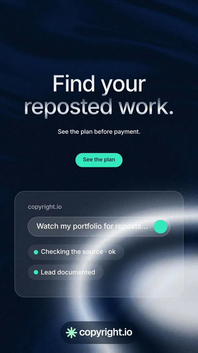 Instagram story for copyright.io: "Find your reposted work." Y2K style, centred layout, dark palette in black, blue, grey.