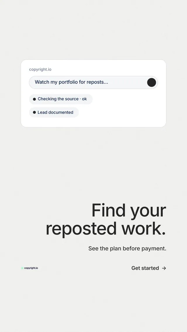 Instagram story for copyright.io: "Find your reposted work." Minimal luxury style, right layout, light palette in white.