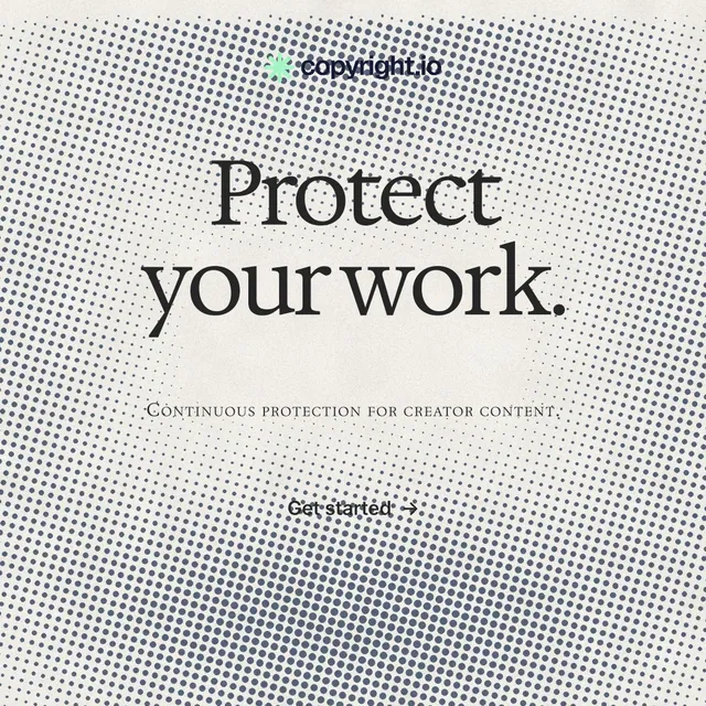 Instagram post for copyright.io: "Protect your work." Swiss style, smallcaps layout, light palette in grey, white, yellow.