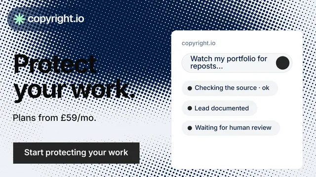 Landscape graphic for copyright.io: "Protect your work." Swiss style, bottom layout, light palette in white, blue, grey.