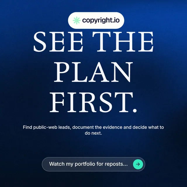 Instagram post for copyright.io: "See the plan first." Agentic glass style, centred layout, dark palette in blue, black.