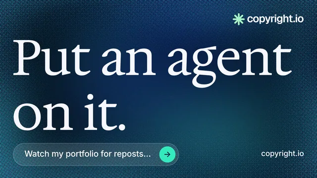 Landscape graphic for copyright.io: "Put an agent on it." Agentic glass style, poster layout, dark palette in blue.