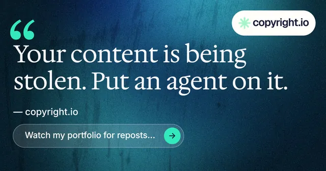 Social ad for copyright.io: "Find your reposted work." Agentic glass style, quote layout, dark palette in black, blue, teal.