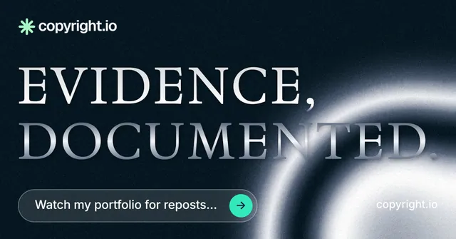 Social ad for copyright.io: "Evidence, documented." Agentic glass style, poster layout, dark palette in black, blue, grey.