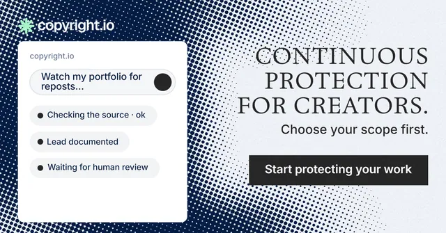 Social ad for copyright.io: "Continuous protection for creators." Split block style, right layout, light palette in white, grey, blue.