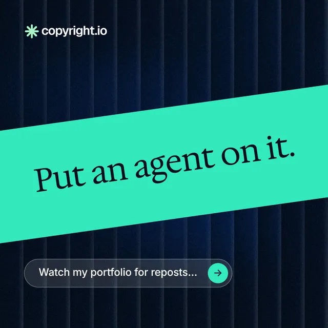 Instagram post for copyright.io: "Put an agent on it." Agentic glass style, diagonal layout, dark palette in black, teal.