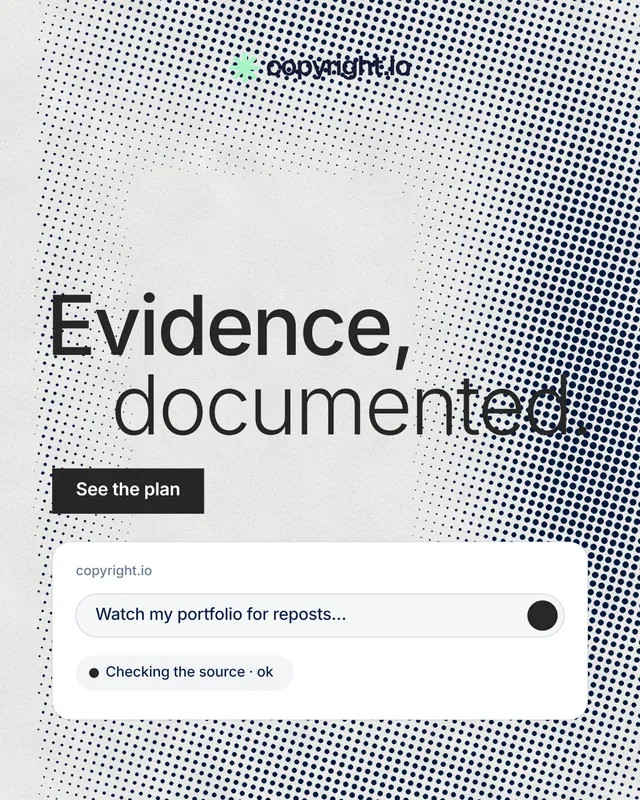 Instagram portrait post for copyright.io: "Evidence, documented." Retro print style, stacked layout, light palette in grey, white.