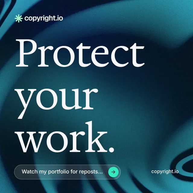 Instagram post for copyright.io: "Protect your work." Agentic glass style, poster layout, dark palette in black, teal, blue.