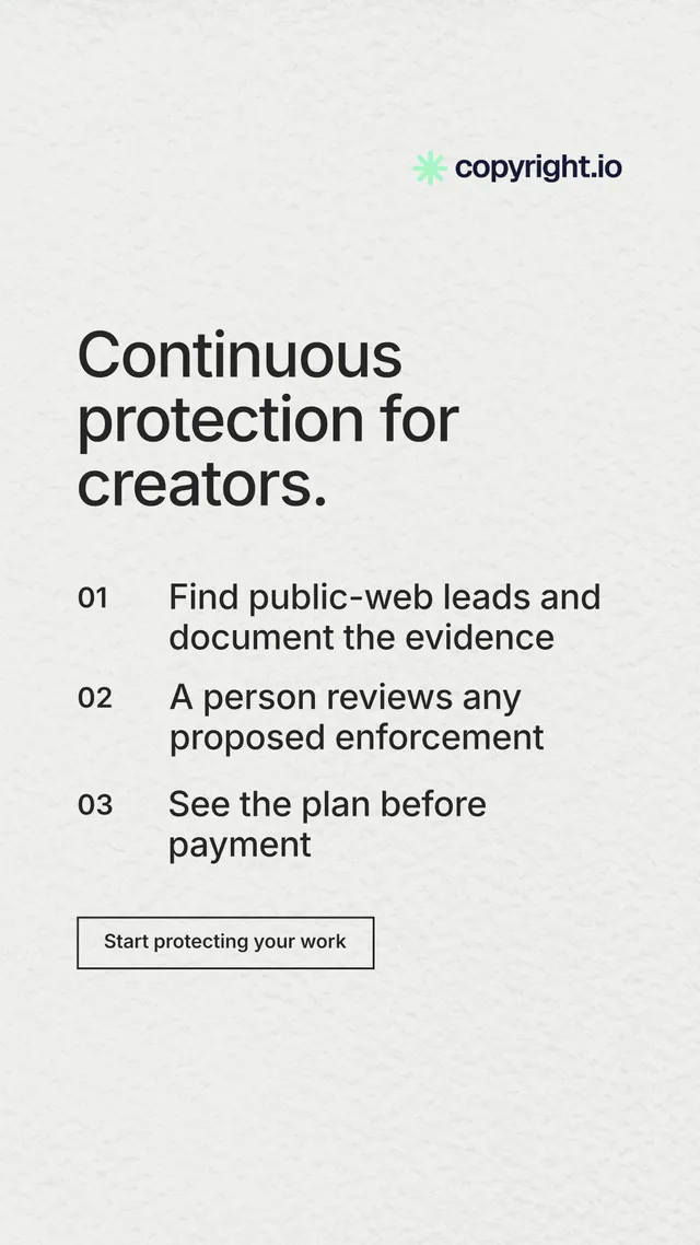 Instagram story for copyright.io: "Continuous protection for creators." Editorial style, numbered layout, light palette in white, grey.