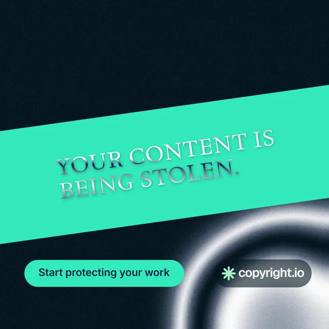 Instagram post for copyright.io: "Your content is being stolen." Y2K style, diagonal layout, dark palette in black, teal.