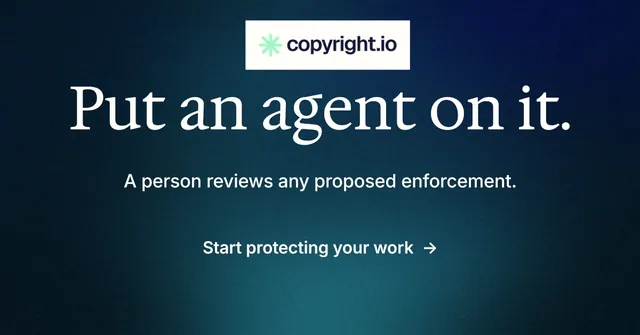 Social ad for copyright.io: "Put an agent on it." Minimal luxury style, centred layout, dark palette in blue, black, teal.